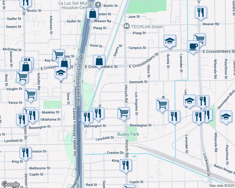 map of restaurants, bars, coffee shops, grocery stores, and more near 7221 Hirsch Road in Houston