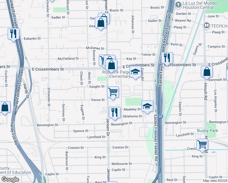 map of restaurants, bars, coffee shops, grocery stores, and more near 7320 Jensen Drive in Houston