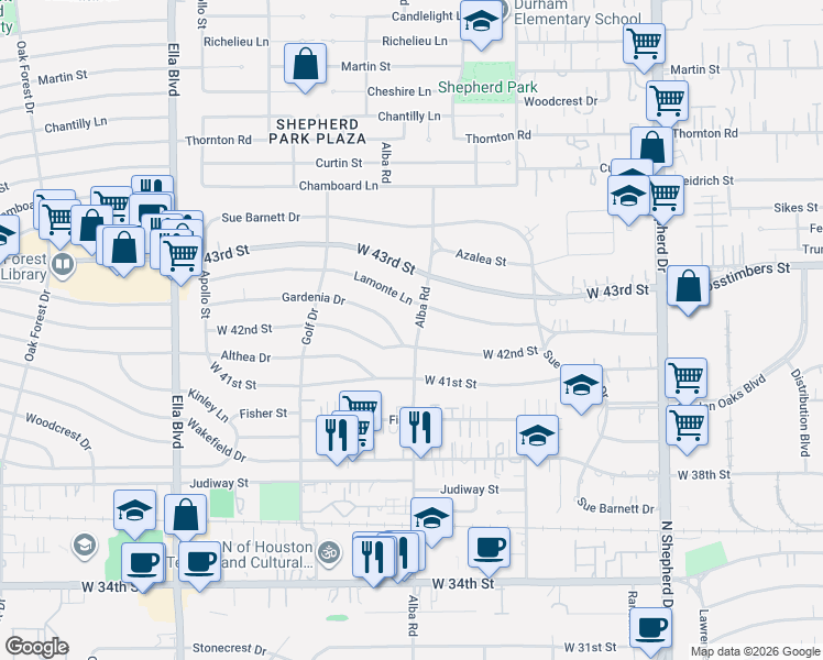 map of restaurants, bars, coffee shops, grocery stores, and more near 922 Gardenia Drive in Houston