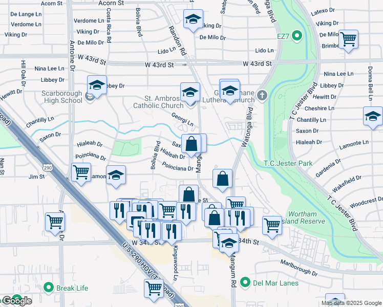 map of restaurants, bars, coffee shops, grocery stores, and more near 3830 Mangum Road in Houston