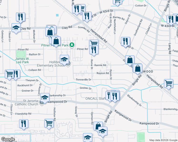 map of restaurants, bars, coffee shops, grocery stores, and more near 8610 Rayson Road in Houston