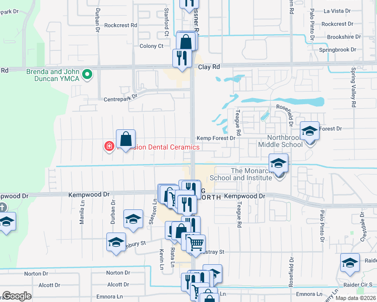 map of restaurants, bars, coffee shops, grocery stores, and more near 10207 Alder Ridge Drive in Houston