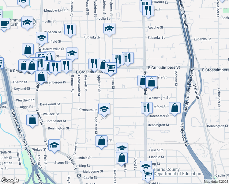 map of restaurants, bars, coffee shops, grocery stores, and more near 7208 Helmers Street in Houston