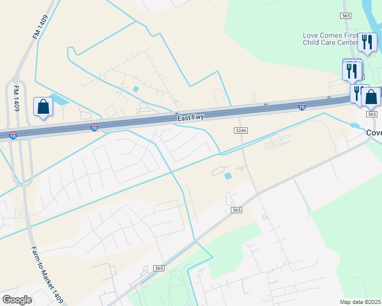 map of restaurants, bars, coffee shops, grocery stores, and more near Harlin in Baytown