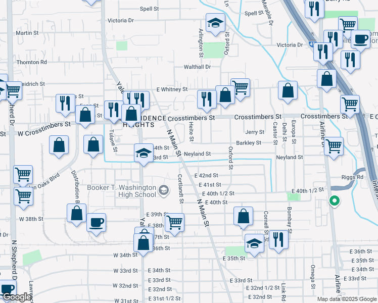 map of restaurants, bars, coffee shops, grocery stores, and more near 307 Neyland Street in Houston