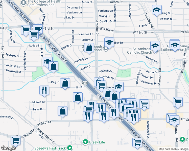 map of restaurants, bars, coffee shops, grocery stores, and more near 3915 Antoine Drive in Houston