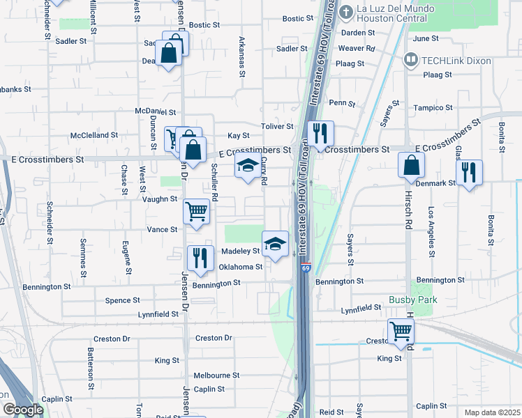 map of restaurants, bars, coffee shops, grocery stores, and more near 7427 Curry Road in Houston
