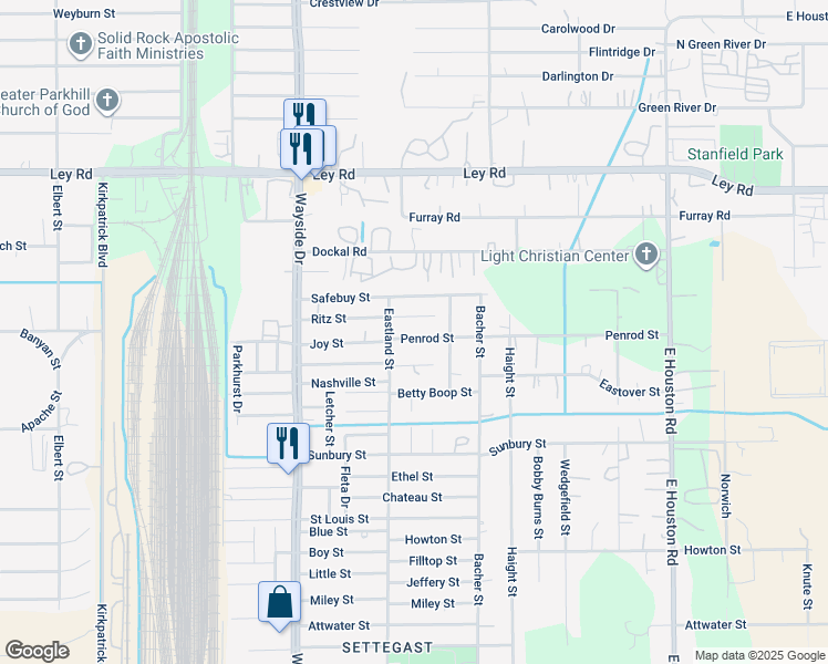 map of restaurants, bars, coffee shops, grocery stores, and more near 8011 Penrod Street in Houston