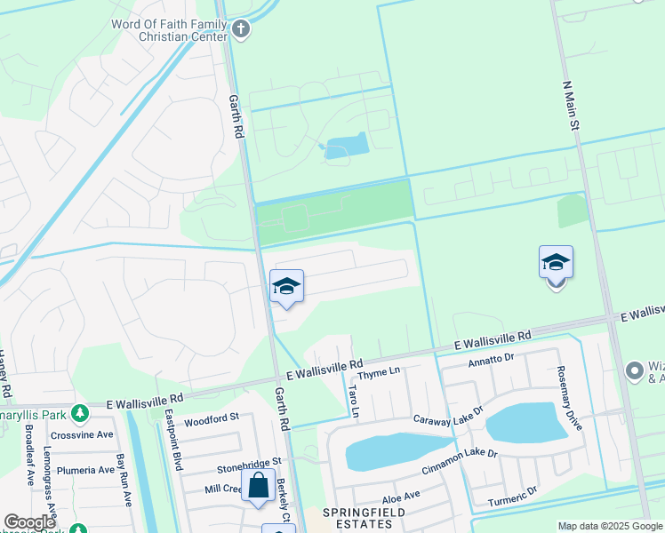 map of restaurants, bars, coffee shops, grocery stores, and more near 5311 Espuela Lane in Baytown