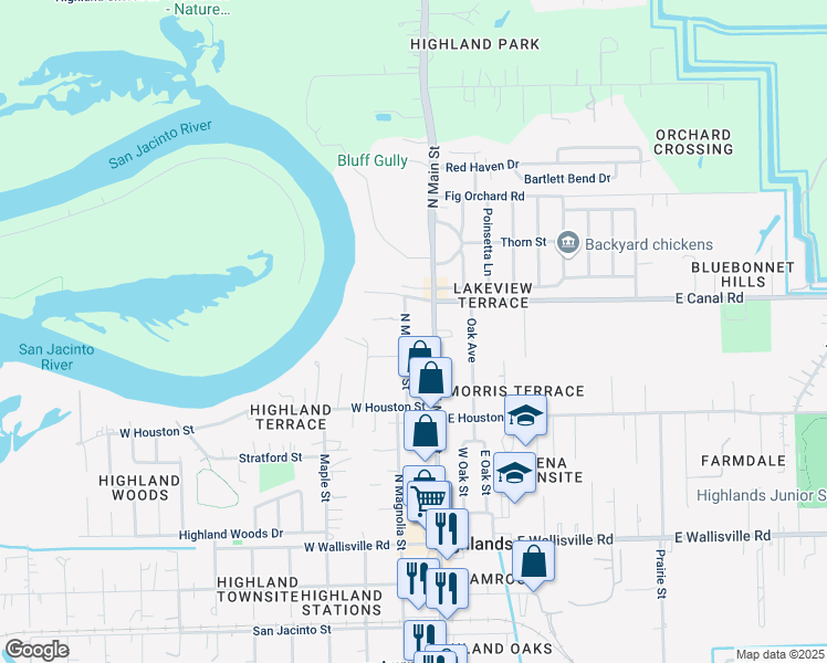 map of restaurants, bars, coffee shops, grocery stores, and more near 806 North Main Street in Highlands