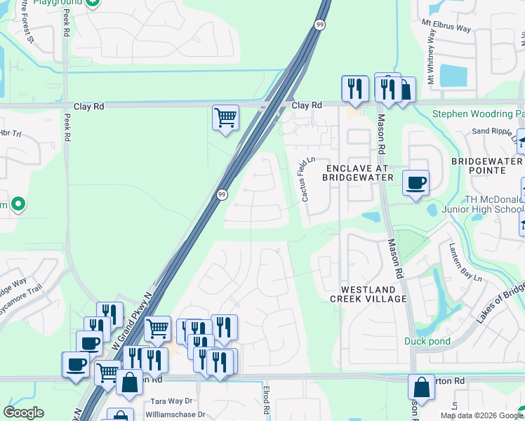 map of restaurants, bars, coffee shops, grocery stores, and more near 22507 Bellwick Ridge Lane in Katy