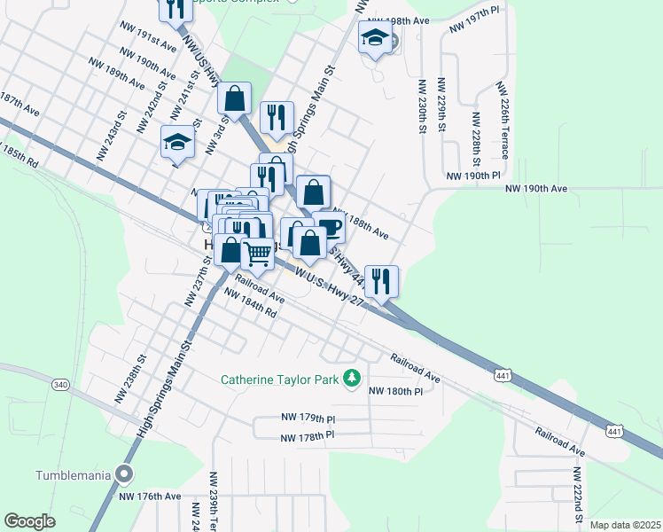 map of restaurants, bars, coffee shops, grocery stores, and more near 23253 Northwest 187th Avenue in High Springs