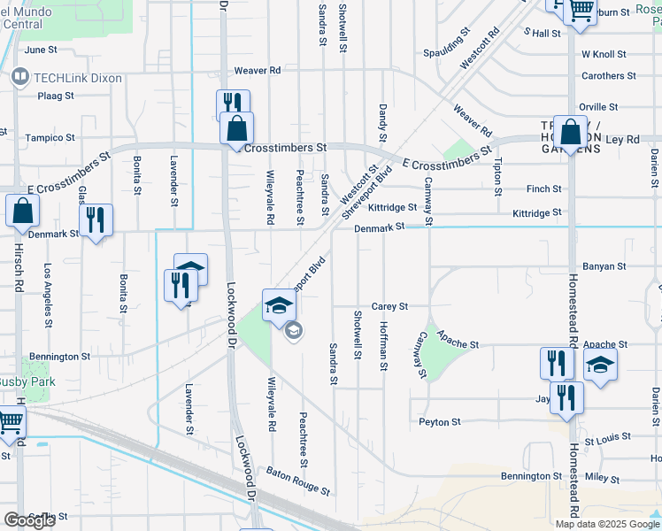 map of restaurants, bars, coffee shops, grocery stores, and more near 7305 Shotwell Street in Houston