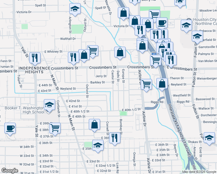 map of restaurants, bars, coffee shops, grocery stores, and more near 811 Neyland Street in Houston