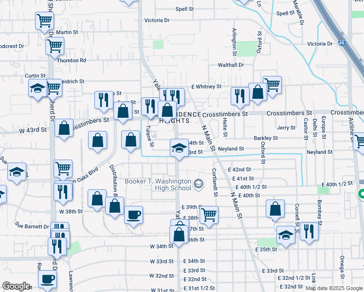 map of restaurants, bars, coffee shops, grocery stores, and more near 112 1/2 East 44th Street in Houston