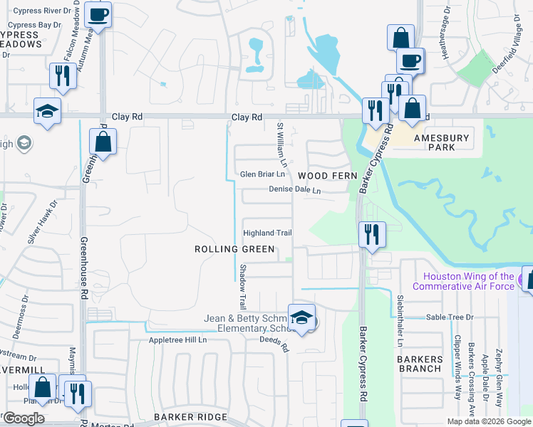 map of restaurants, bars, coffee shops, grocery stores, and more near 18730 Clover Glen Lane in Houston