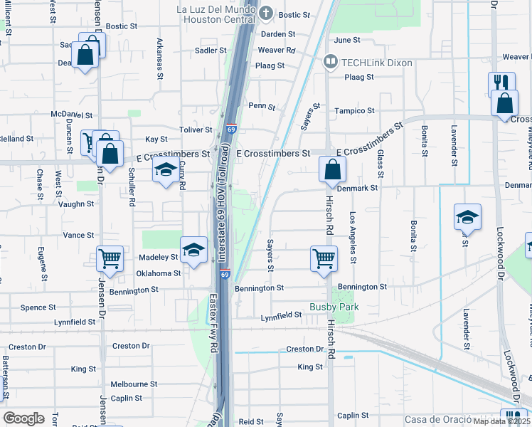 map of restaurants, bars, coffee shops, grocery stores, and more near 7225 Sayers Street in Houston