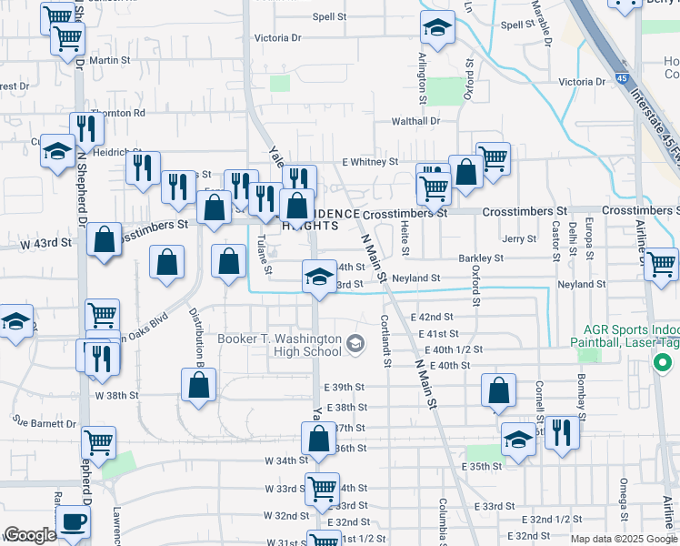 map of restaurants, bars, coffee shops, grocery stores, and more near 112 1/2 East 44th Street in Houston