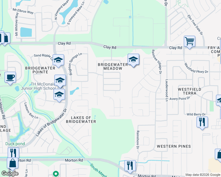 map of restaurants, bars, coffee shops, grocery stores, and more near 20906 Lansing Ridge Lane in Katy