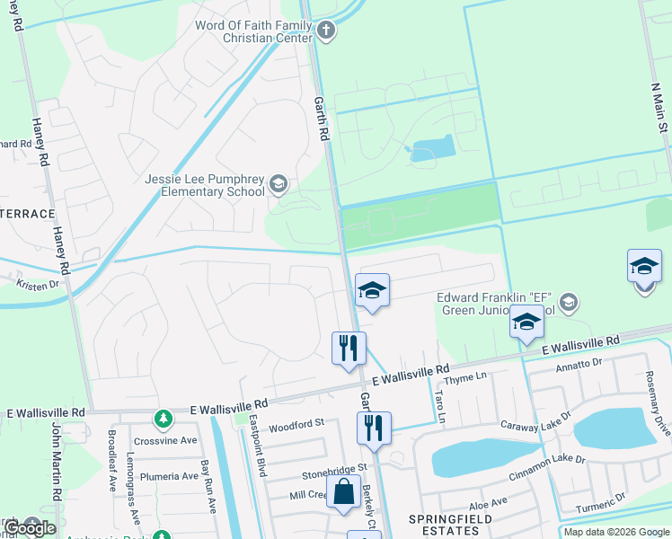map of restaurants, bars, coffee shops, grocery stores, and more near 8814 Morning Dove Lane in Baytown