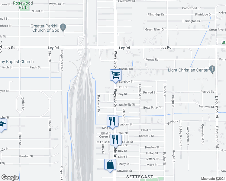 map of restaurants, bars, coffee shops, grocery stores, and more near 7009 North Wayside Drive in Houston