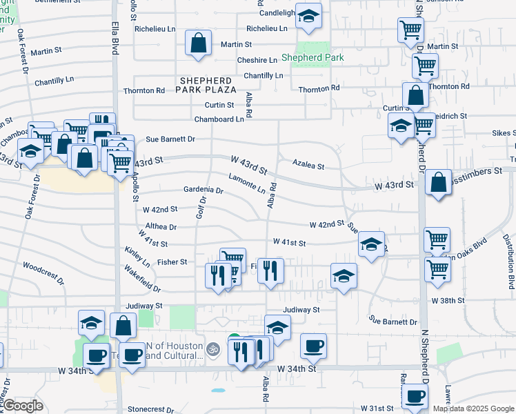 map of restaurants, bars, coffee shops, grocery stores, and more near 918 Gardenia Drive in Houston