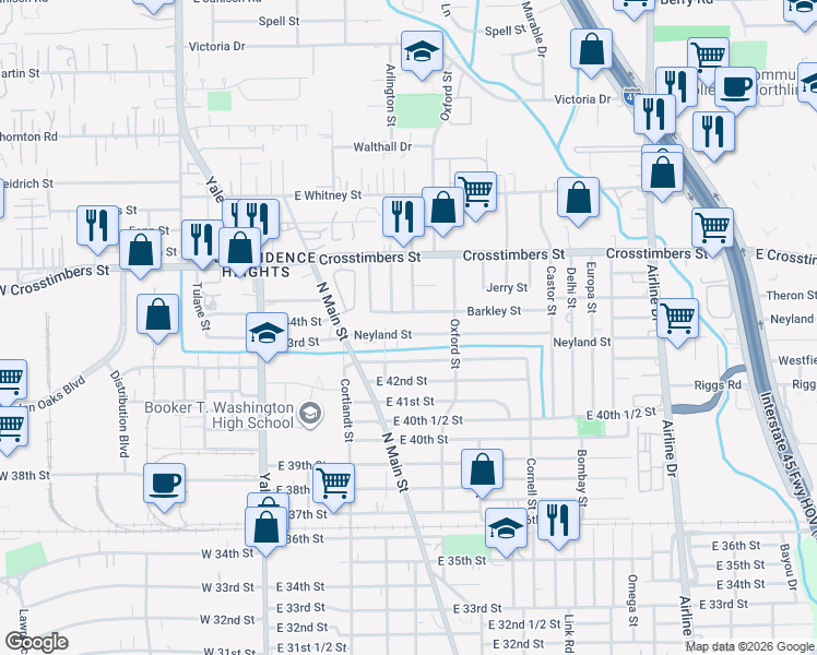 map of restaurants, bars, coffee shops, grocery stores, and more near 417 Neyland Street in Houston