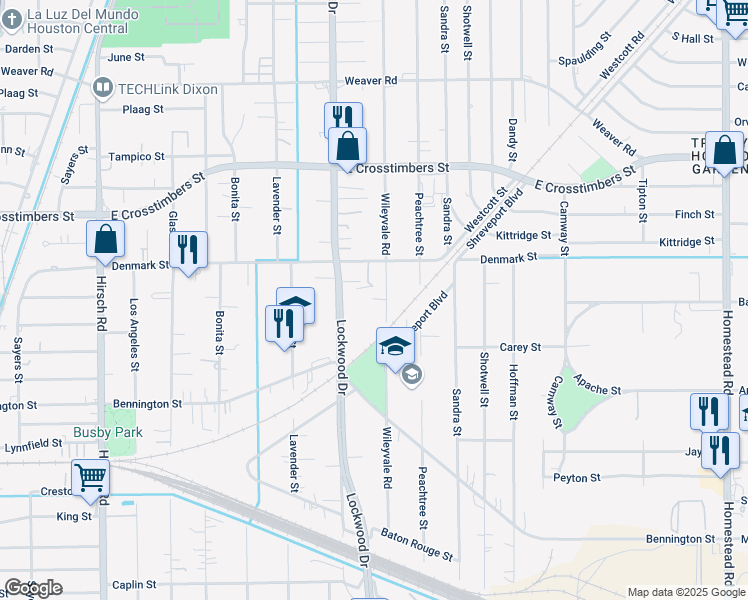 map of restaurants, bars, coffee shops, grocery stores, and more near 7301 Wileyvale Road in Houston