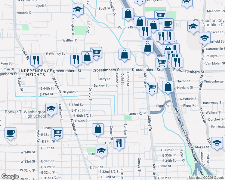 map of restaurants, bars, coffee shops, grocery stores, and more near 811 Neyland Street in Houston