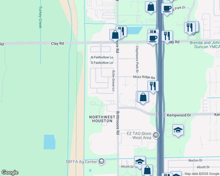 map of restaurants, bars, coffee shops, grocery stores, and more near 3602 Mesa Ridge Road in Houston