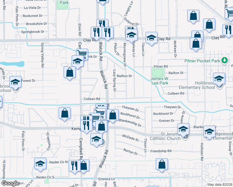 map of restaurants, bars, coffee shops, grocery stores, and more near 9261 Opelika Street in Houston