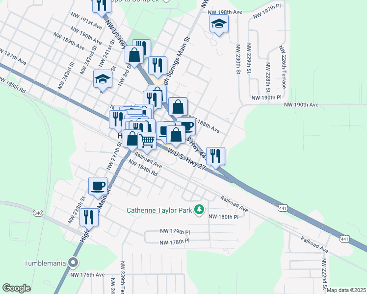 map of restaurants, bars, coffee shops, grocery stores, and more near 23253 Northwest 187th Avenue in High Springs