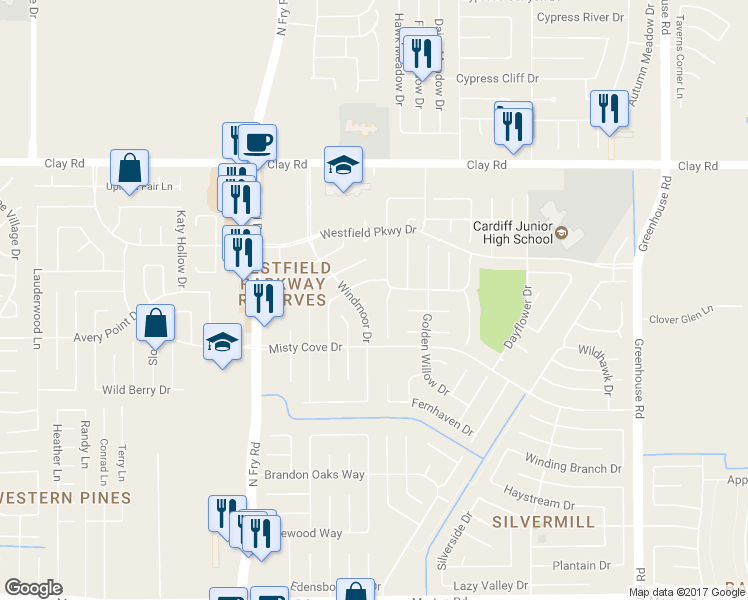 map of restaurants, bars, coffee shops, grocery stores, and more near 19703 Windmoor Ct in Katy