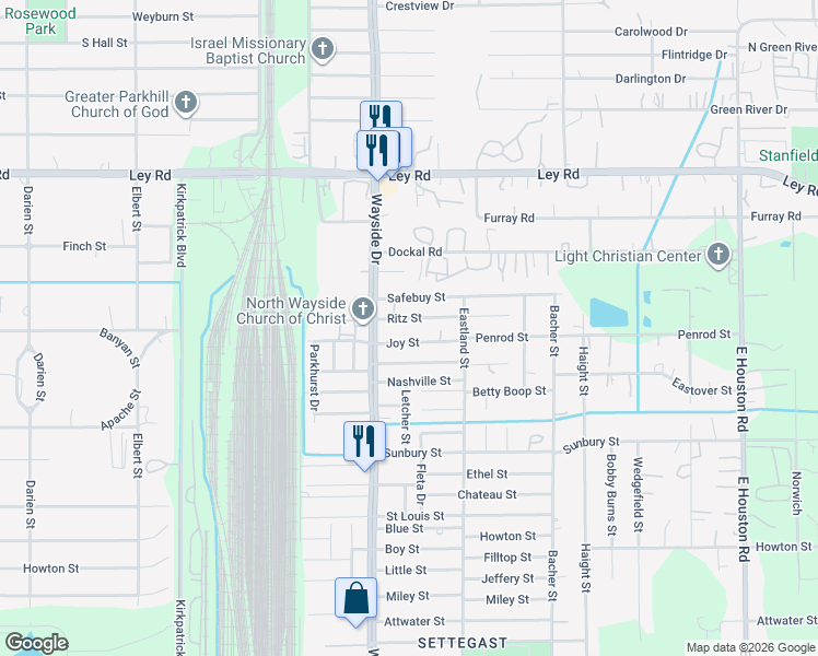 map of restaurants, bars, coffee shops, grocery stores, and more near 7930 Ritz Street in Houston