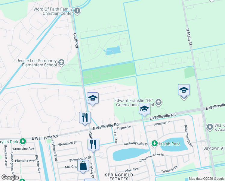 map of restaurants, bars, coffee shops, grocery stores, and more near 5311 Espuela Lane in Baytown