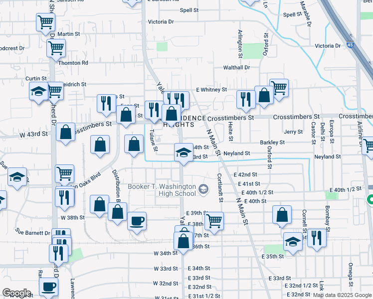 map of restaurants, bars, coffee shops, grocery stores, and more near 112 1/2 East 44th Street in Houston