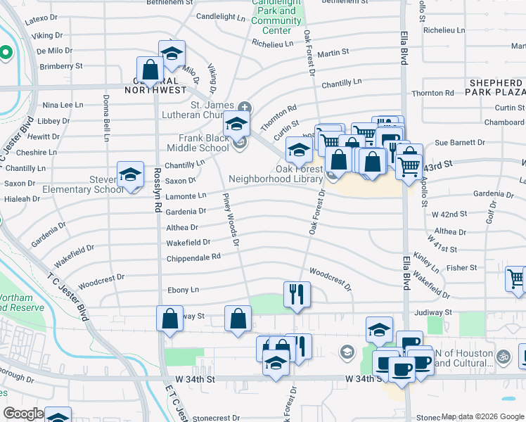 map of restaurants, bars, coffee shops, grocery stores, and more near 1526 Althea Drive in Houston