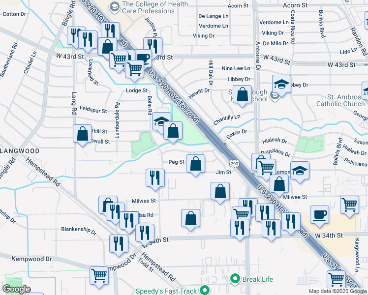 map of restaurants, bars, coffee shops, grocery stores, and more near 6116 Saxon Drive in Houston