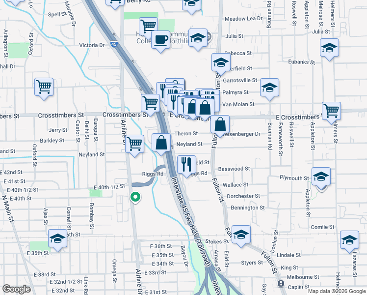 map of restaurants, bars, coffee shops, grocery stores, and more near 48 Neyland Street in Houston
