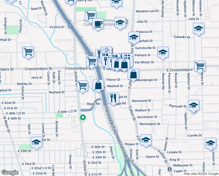 map of restaurants, bars, coffee shops, grocery stores, and more near 48 Neyland Street in Houston
