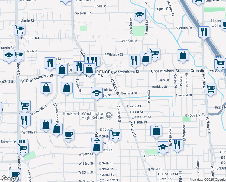 map of restaurants, bars, coffee shops, grocery stores, and more near 218 East 44th Street in Houston