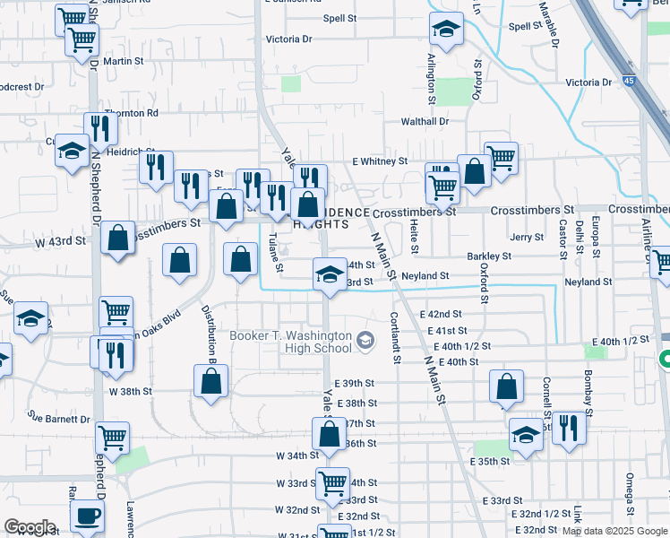 map of restaurants, bars, coffee shops, grocery stores, and more near 112 1/2 East 44th Street in Houston