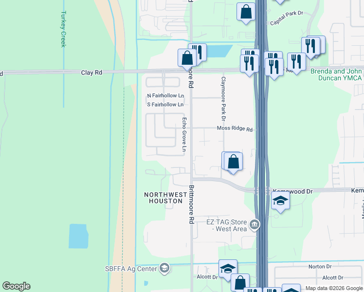 map of restaurants, bars, coffee shops, grocery stores, and more near 3602 Mesa Ridge Road in Houston
