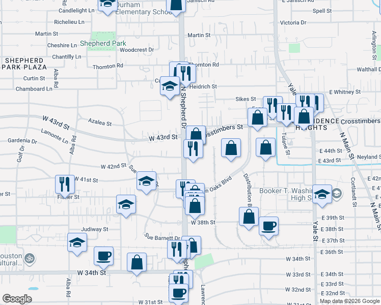map of restaurants, bars, coffee shops, grocery stores, and more near 4000 North Shepherd Drive in Houston