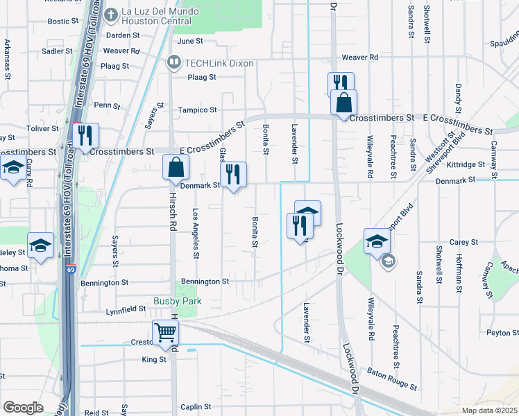 map of restaurants, bars, coffee shops, grocery stores, and more near 7302 Bonita Street in Houston