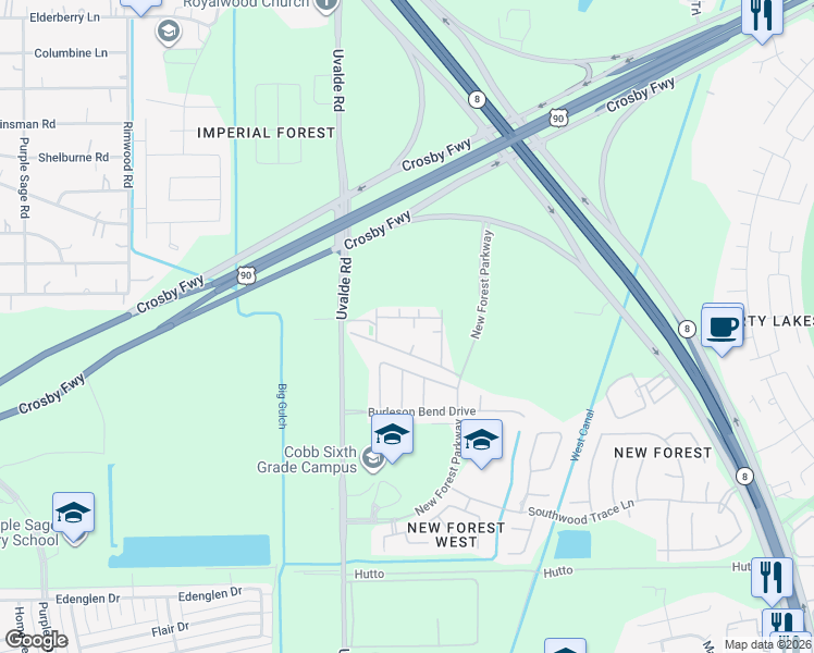 map of restaurants, bars, coffee shops, grocery stores, and more near 7100 Uvalde Road in Houston