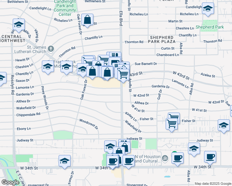 map of restaurants, bars, coffee shops, grocery stores, and more near 4101 Ella Boulevard in Houston