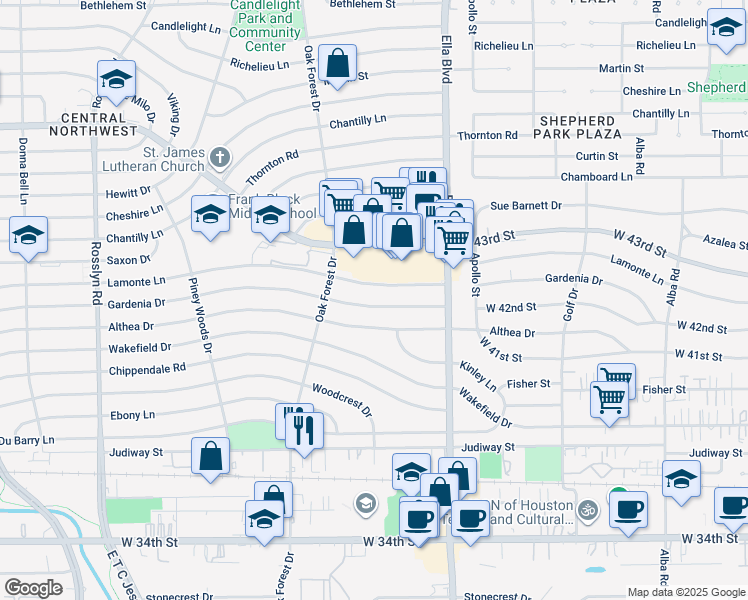 map of restaurants, bars, coffee shops, grocery stores, and more near 1316 Gardenia Drive in Houston