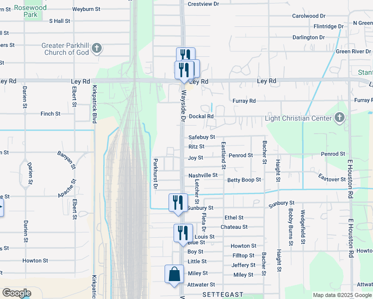 map of restaurants, bars, coffee shops, grocery stores, and more near 7009 North Wayside Drive in Houston