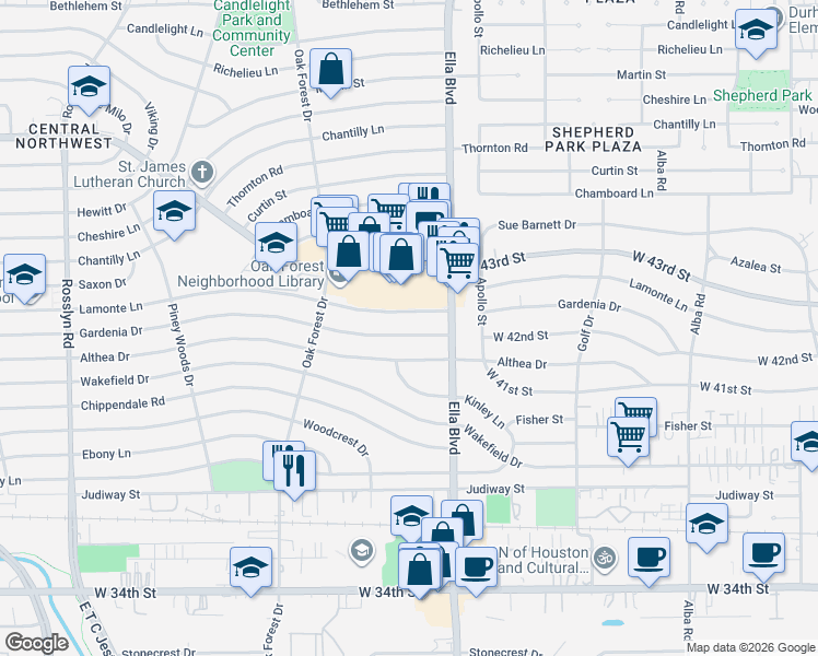 map of restaurants, bars, coffee shops, grocery stores, and more near 1242 Gardenia Drive in Houston